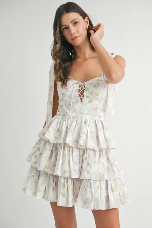 MABLE Floral Print Shoulder Tie Layered Mini Dress - Makw Official Site