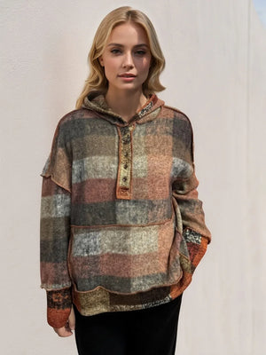 Double Take Full Size Plaid Dropped Shoulder Fleece Hoodie - Makw Official Site