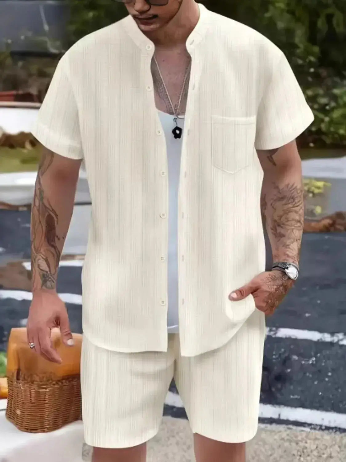 Men's Button Up Short Sleeve Shirt and Shorts Set - Makw Official Site