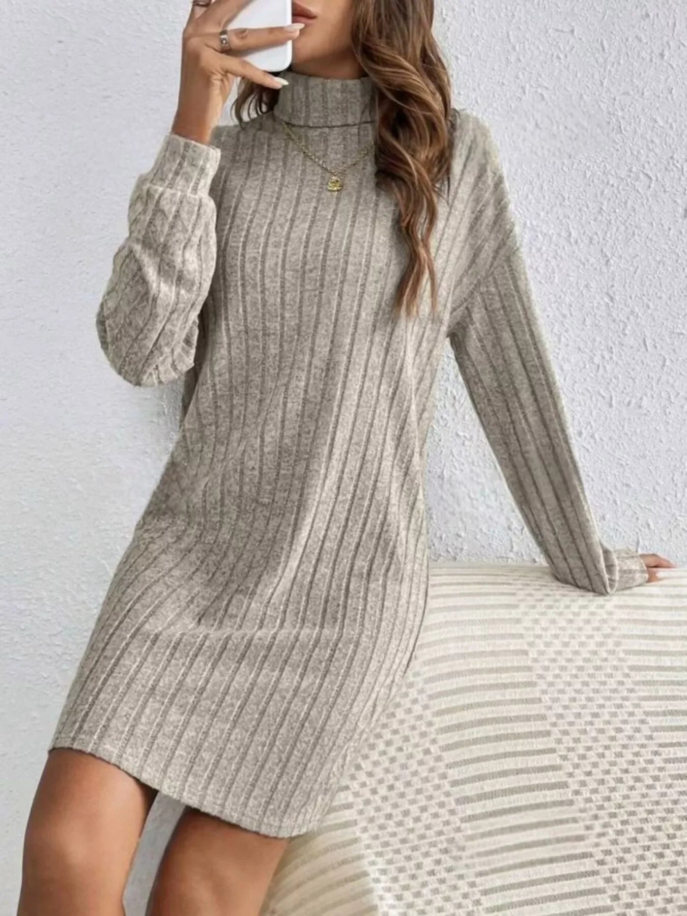 Ribbed Knit Turtleneck Mini Dress - Makw Official Site