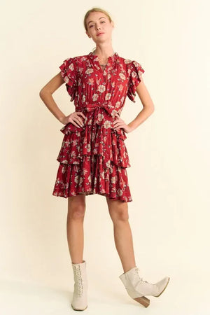 Davi & Dani Ruffle Flutter Sleeve Tie Belt Tiered Mini Dress - Makw Official Site
