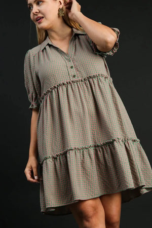 Umgee Full Size Plaid Frill Button Detail Ruffled Short Sleeve Dress Plus Size - Makw Official Site