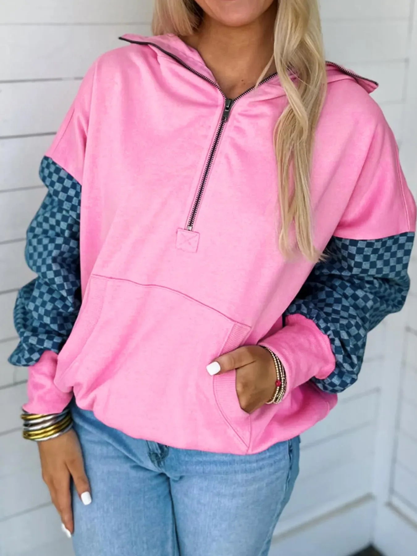 Half Zip Checkered Sleeve Hoodie - Makw Official Site