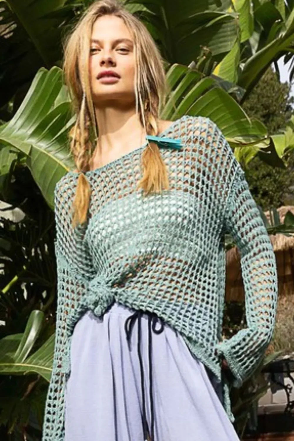 POL Side Slit Openwork Long Sleeve Knit Cover Up - Makw Official Site