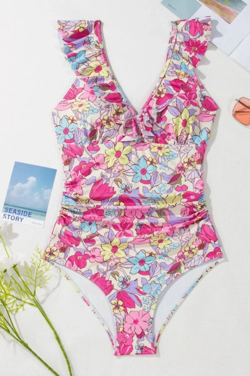 Floral Ruffle Trim Tummy Control One Piece Swimsuit - Makw Official Site