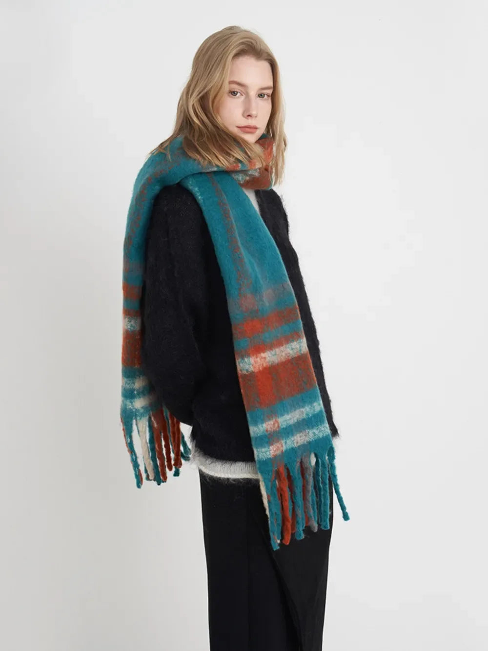 Fringe Plaid Polyester Scarf - Makw Official Site