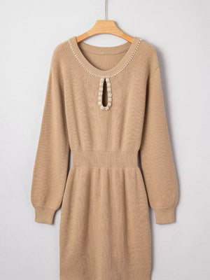 Pearl Embellished Keyhole Ribbed Sweater Dress - Makw Official Site
