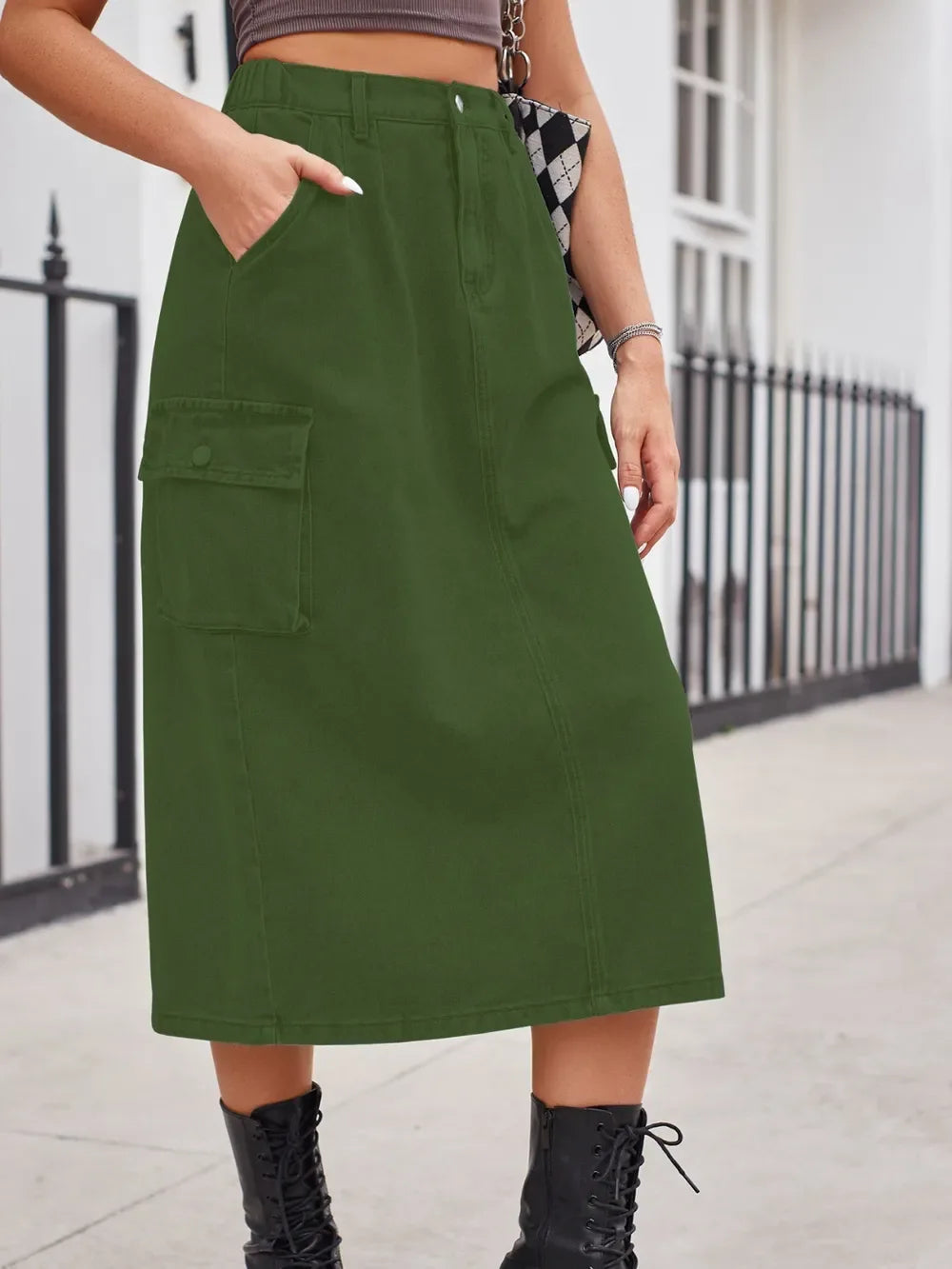 Slit Buttoned Denim Skirt with Pockets - Makw Official Site