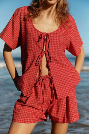 Plaid Tied Scoop Neck Short Sleeve Top and Drawstring Shorts Set - Makw Official Site
