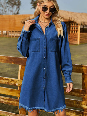 Button Up Collared Neck Raw Hem Denim Dress - Makw Official Site