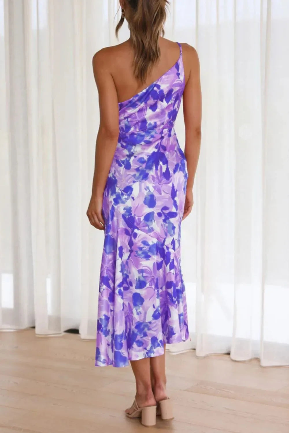 Ruched Printed Single Shoulder Midi Dress - Makw Official Site