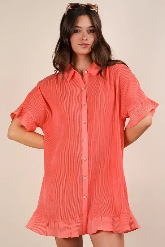 VERY J Pleated Detail Button Down Mini Dress - Makw Official Site