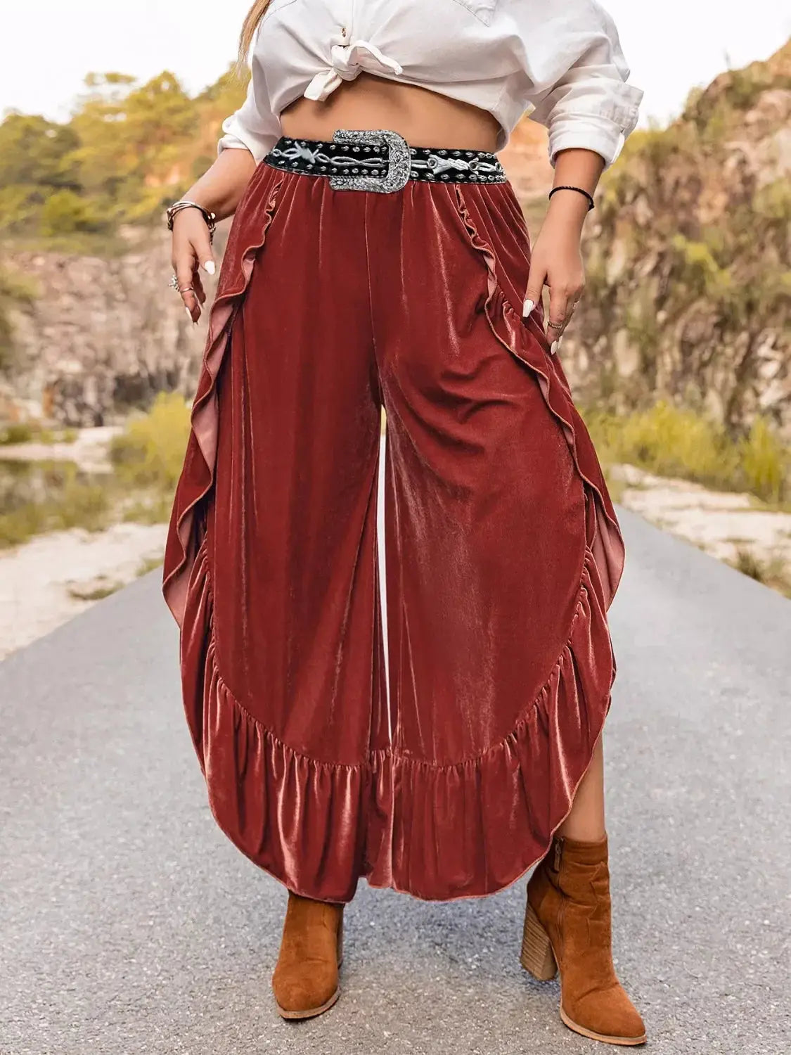 Plus Size Velvet Ruffle Hem Wide Leg Pants - Makw Official Site