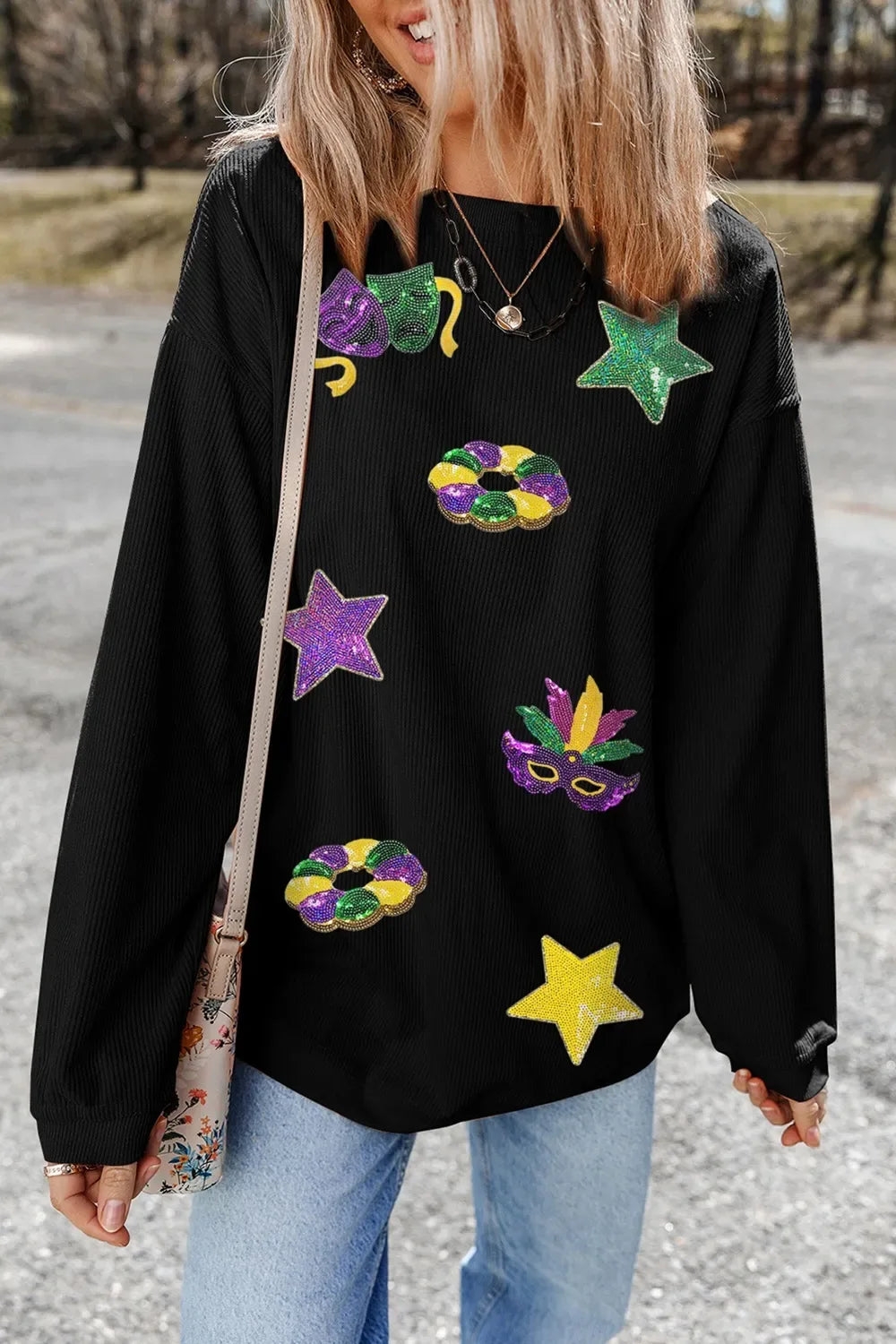 Sequin Round Neck Long Sleeve Sweatshirt - Makw Official Site