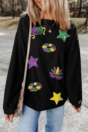 Sequin Round Neck Long Sleeve Sweatshirt - Makw Official Site
