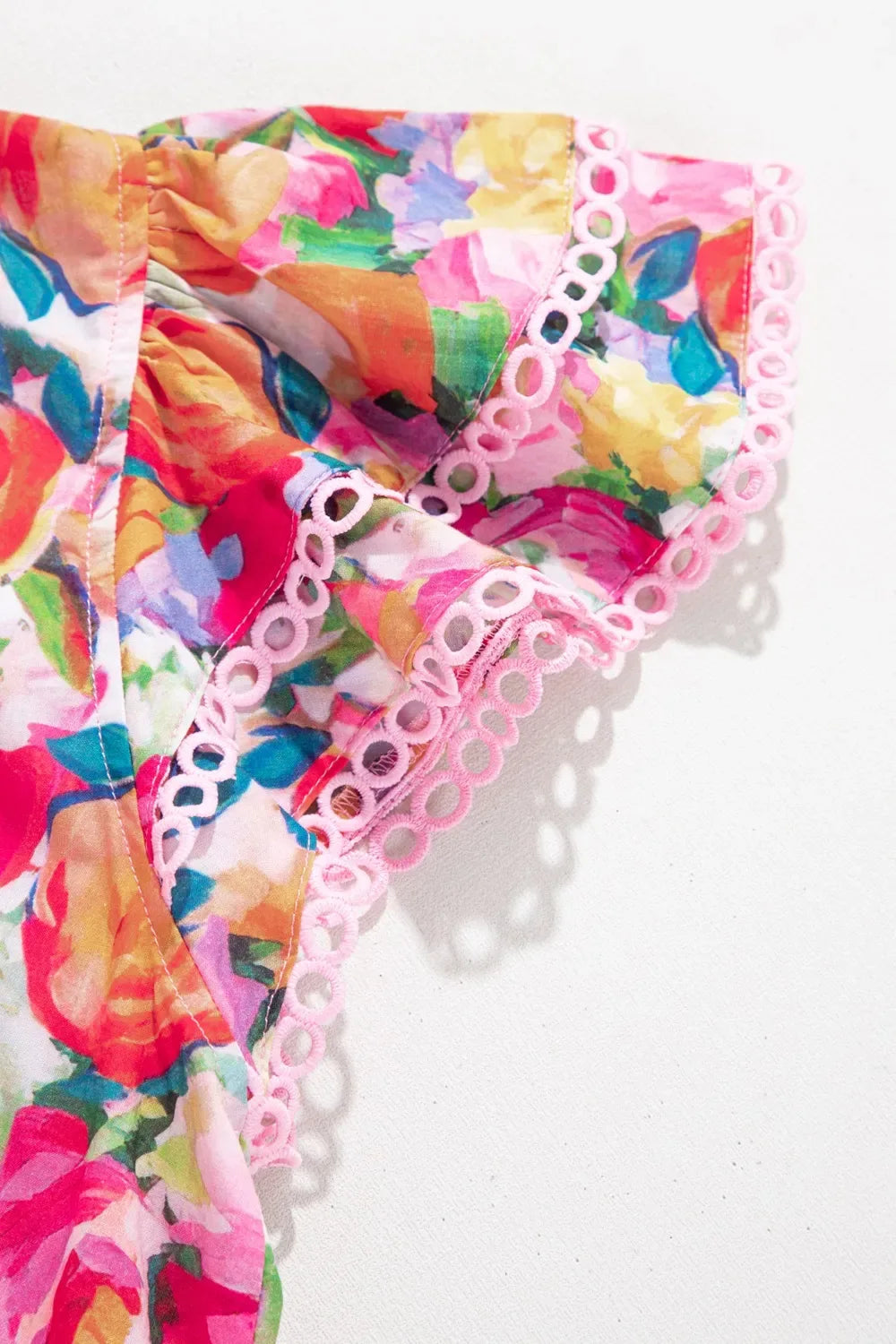 Lace Trim Ruffle Cap Sleeve Floral Blouse - Makw Official Site