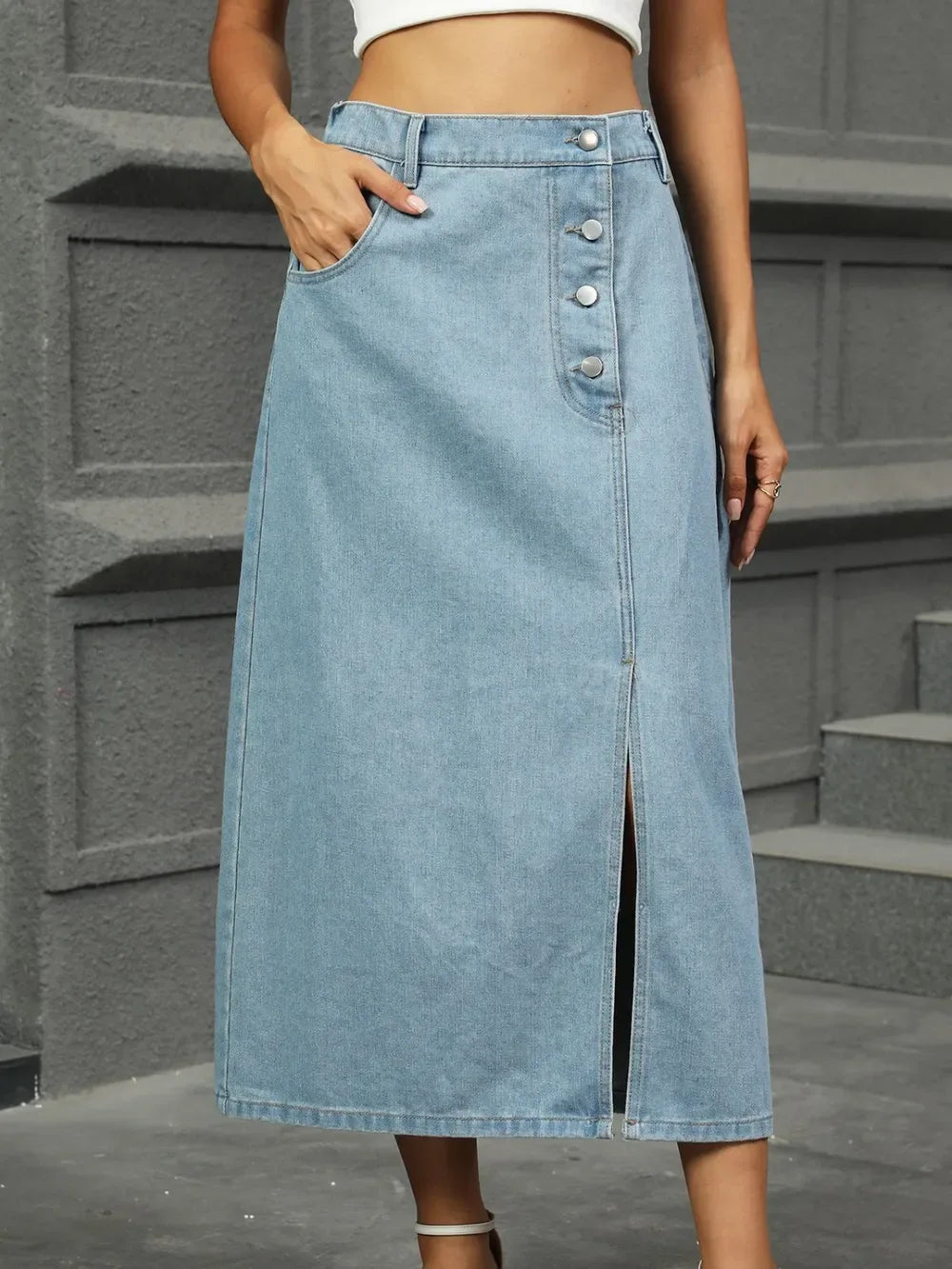 Slit Button Detail Denim Midi Skirt - Makw Official Site
