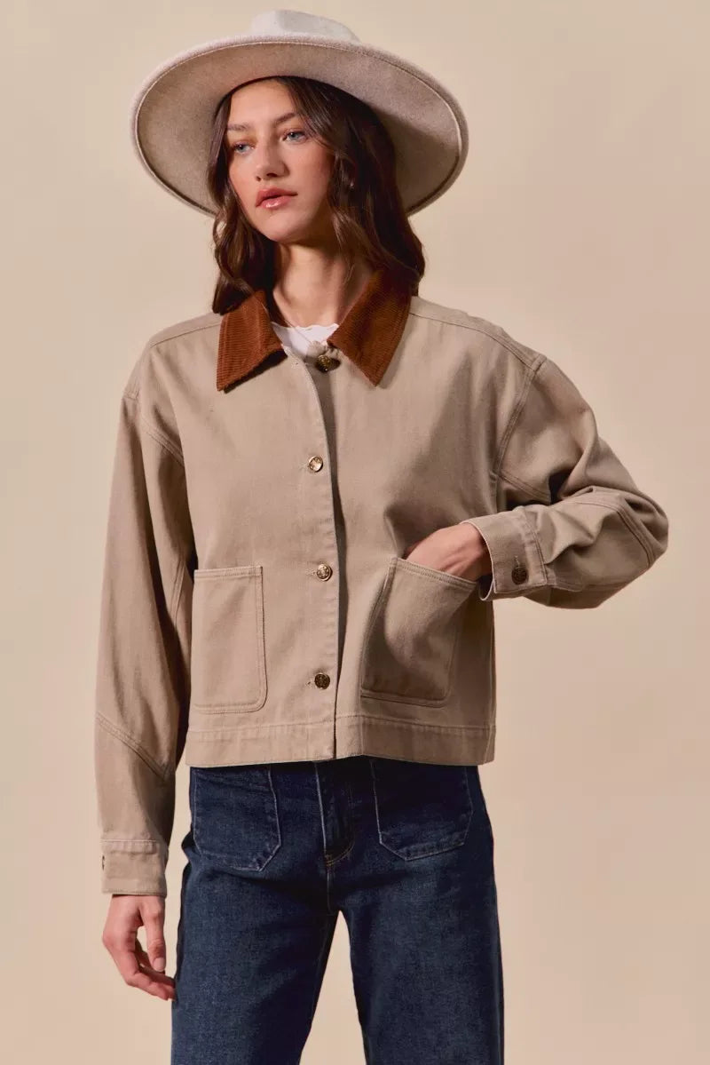 SO ME Cotton Twill Cropped Barn Jacket wtih Collar - Makw Official Site