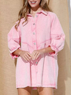 Ruffled Cuff Button-Down Denim Dress - Makw Official Site