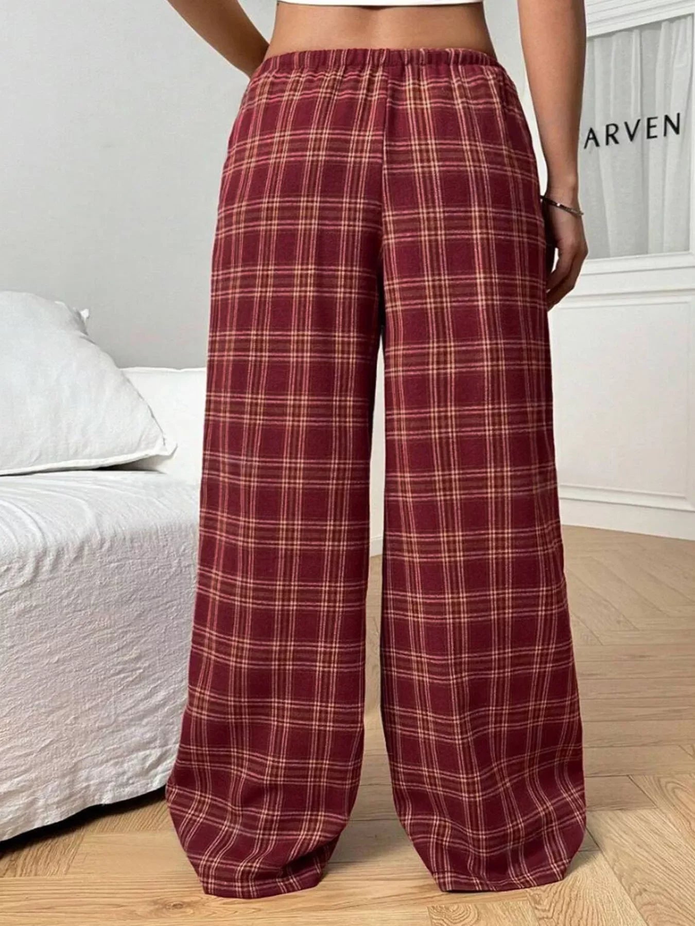 Plaid Drawstring Wide Leg Pants - Makw Official Site