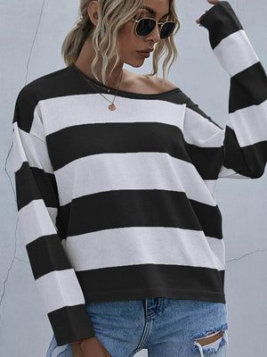 Striped Casual Long Sleeve Knit Top - Makw Official Site