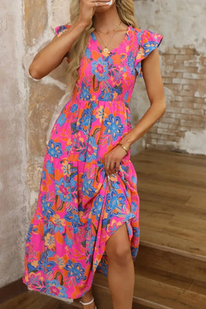 Boho Floral V Neck Ruffle Tiered Dress - Makw Official Site