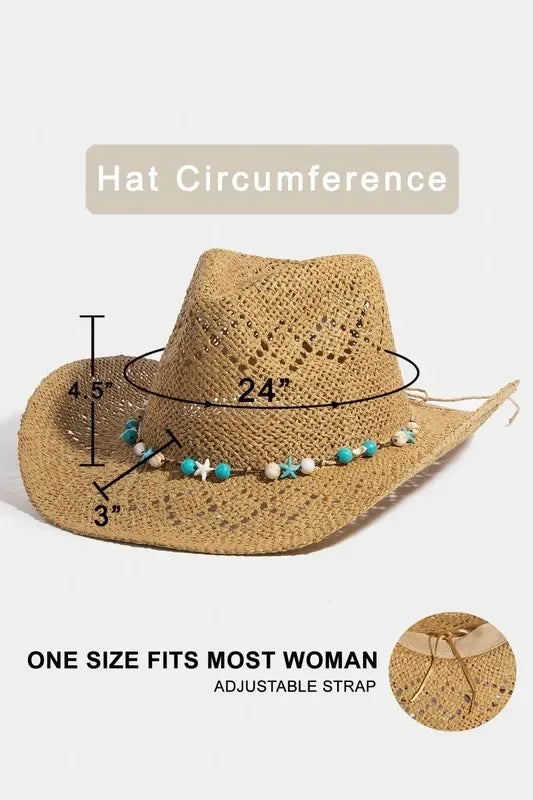 Fame Turquoise and Shell Star Beads Strap Western Straw Hat - Makw Official Site