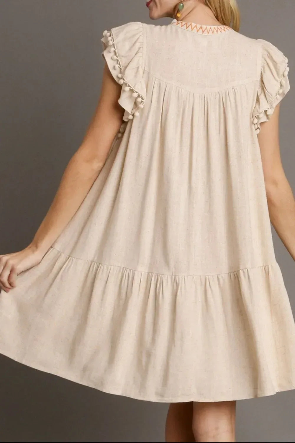 Floral Embroidery Pom Pom Ruffle Sleeves Mini Dress - Makw Official Site