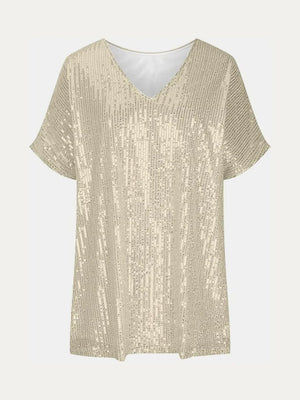 Full Size Sequin V-Neck Short Sleeve Top - Makw Official Site