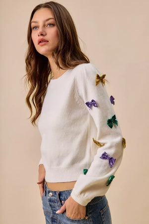 SO ME Mardi Gras Glitter Bow Ribbon Sweater Knit Top - Makw Official Site