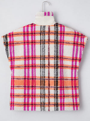 Sherpa Plaid Snap Down Vest Coat - Makw Official Site