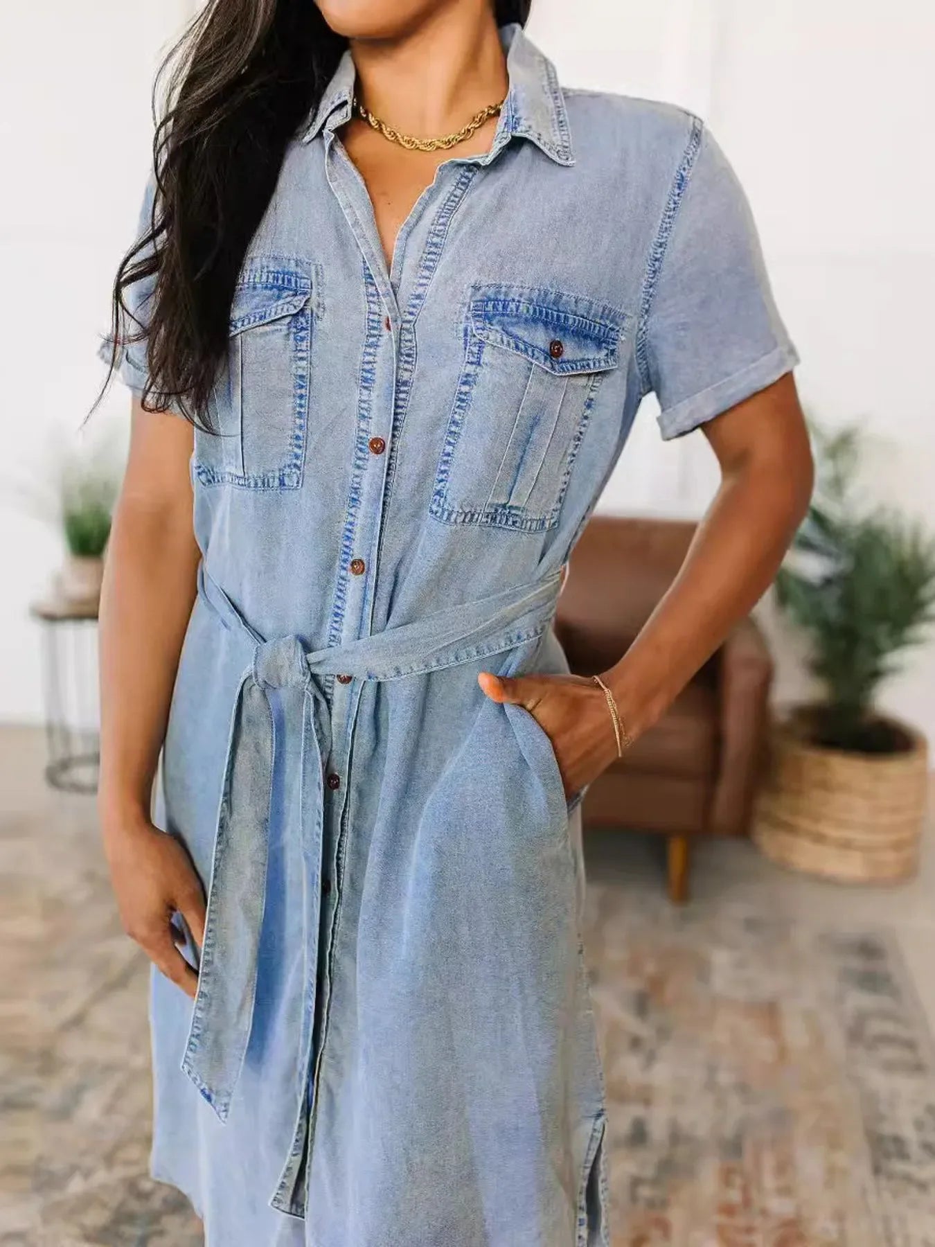 Button Front Short Sleeve Denim Dress - Makw Official Site