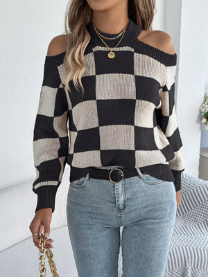Cold Shoulder Checkered Long Sleeve Sweater - Makw Official Site