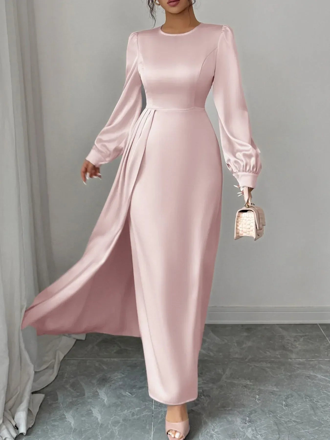 Satin Long Sleeve Maxi Dress - Makw Official Site