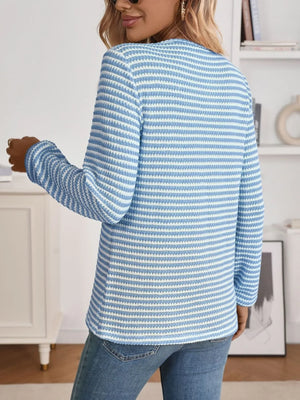 Striped Button Detail Long Sleeve Top - Makw Official Site