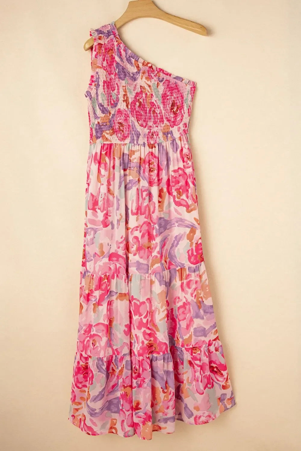 Floral Print Shirred One Shoulder Maxi Dress - Makw Official Site