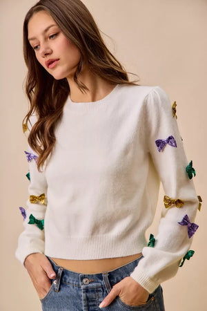 SO ME Mardi Gras Glitter Bow Ribbon Sweater Knit Top - Makw Official Site
