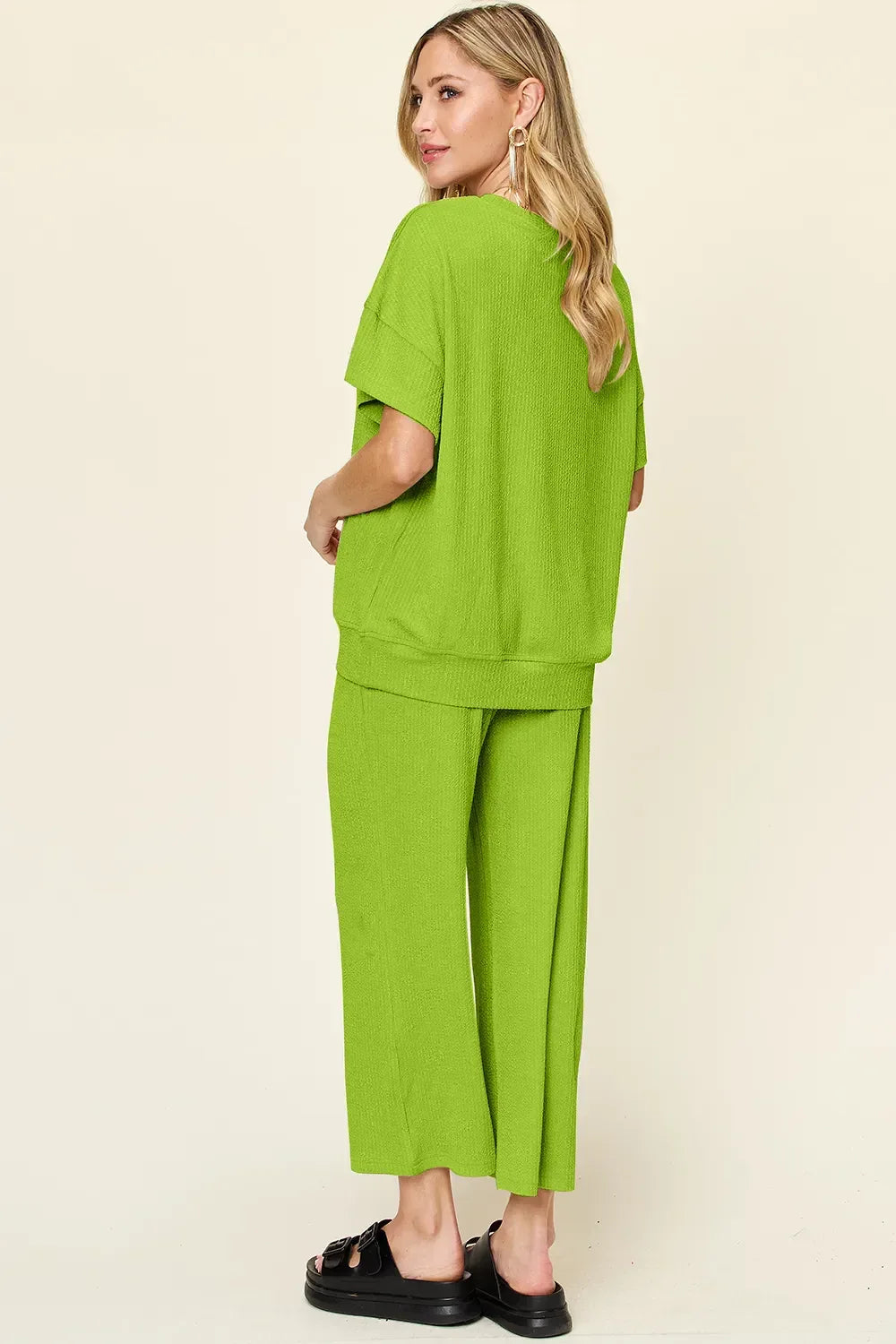 Double Take Full Size Texture Round Neck Short Sleeve T-Shirt and Wide Leg Pants - Makw Official Site