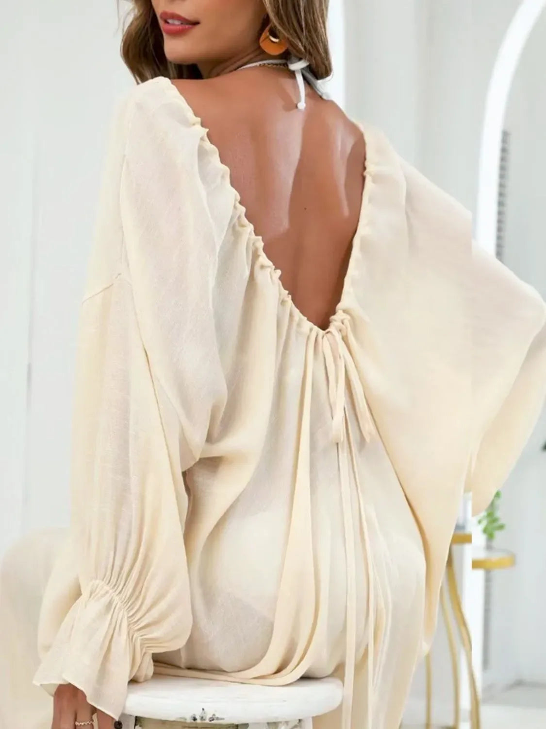 Backless Drawstring Back Flounce Sleeve Cover-Up - Makw Official Site