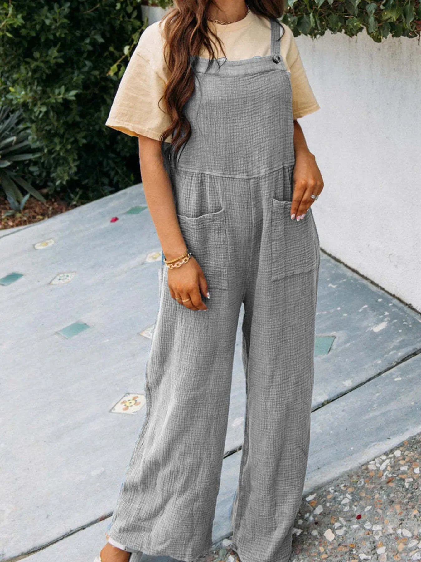 Full Size Casual Wide Leg Textured Overalls Plus Size - Makw Official Site