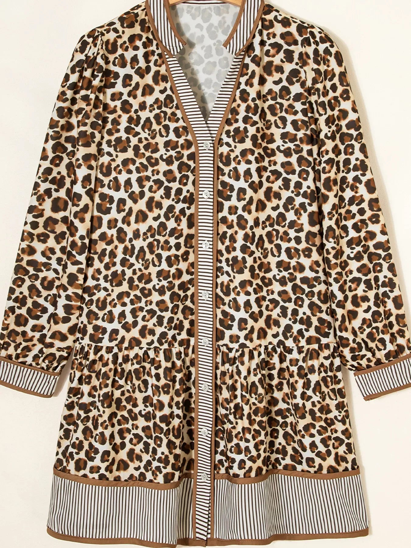 Leopard Print Striped Patchwork 3/4 Sleeve Loose Mini Dress - Makw Official Site