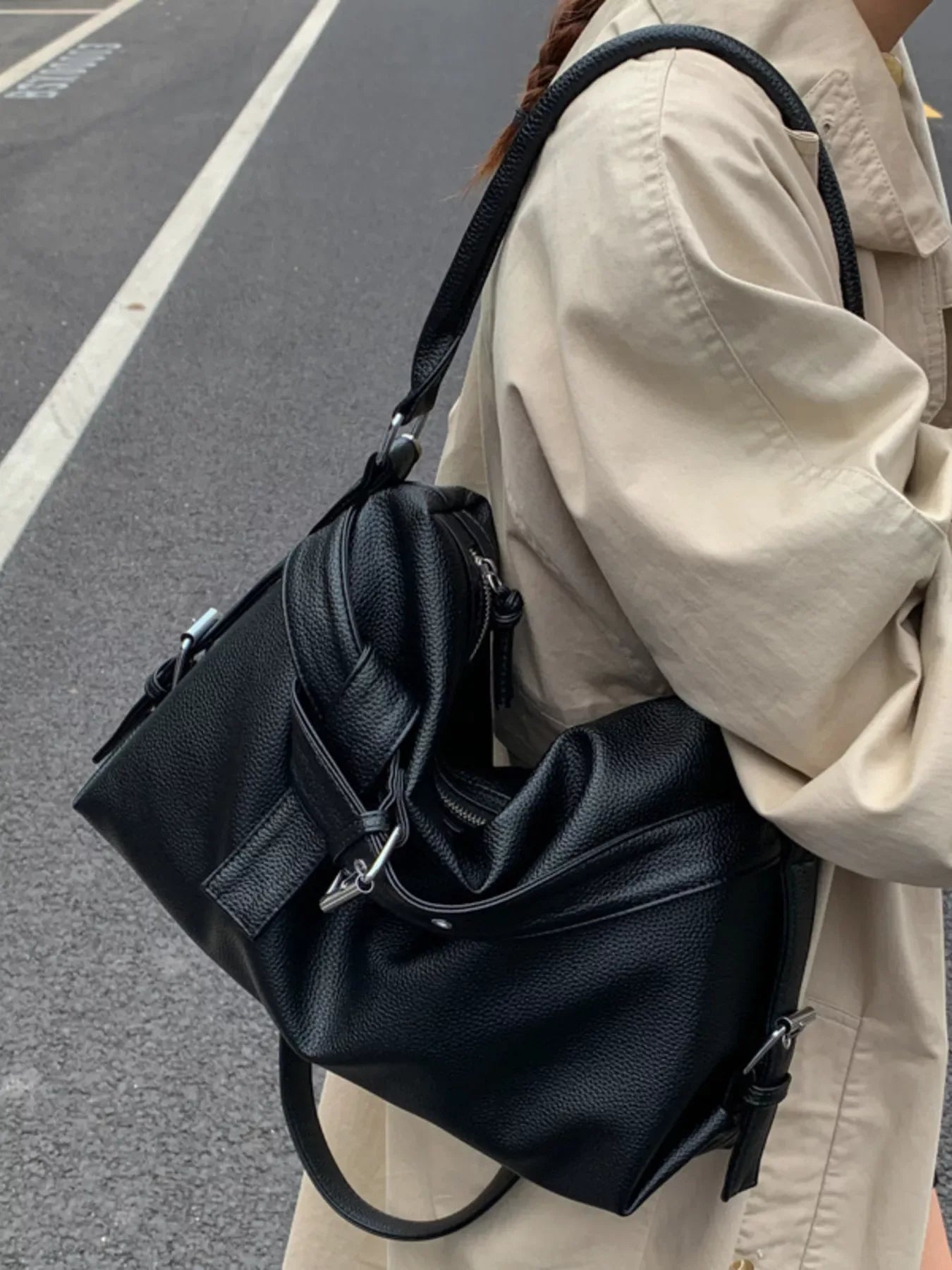 Decor Buckle Leather Shoulder Bag - Makw Official Site