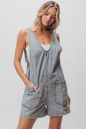 BiBi Patch Vintage Washed Denim Shortall - Makw Official Site