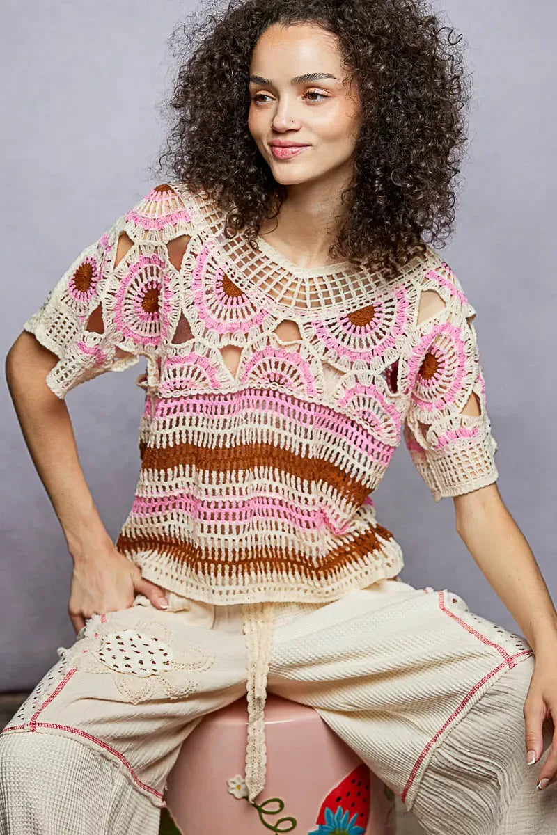 Weave Pattern Short Sleeve Crochet Top with Border Accents - Makw Official Site