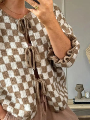 Checkered Tie-Front Knit Cardigan - Makw Official Site