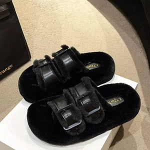 Fuzzy Buckle Detail Slippers - Makw Official Site