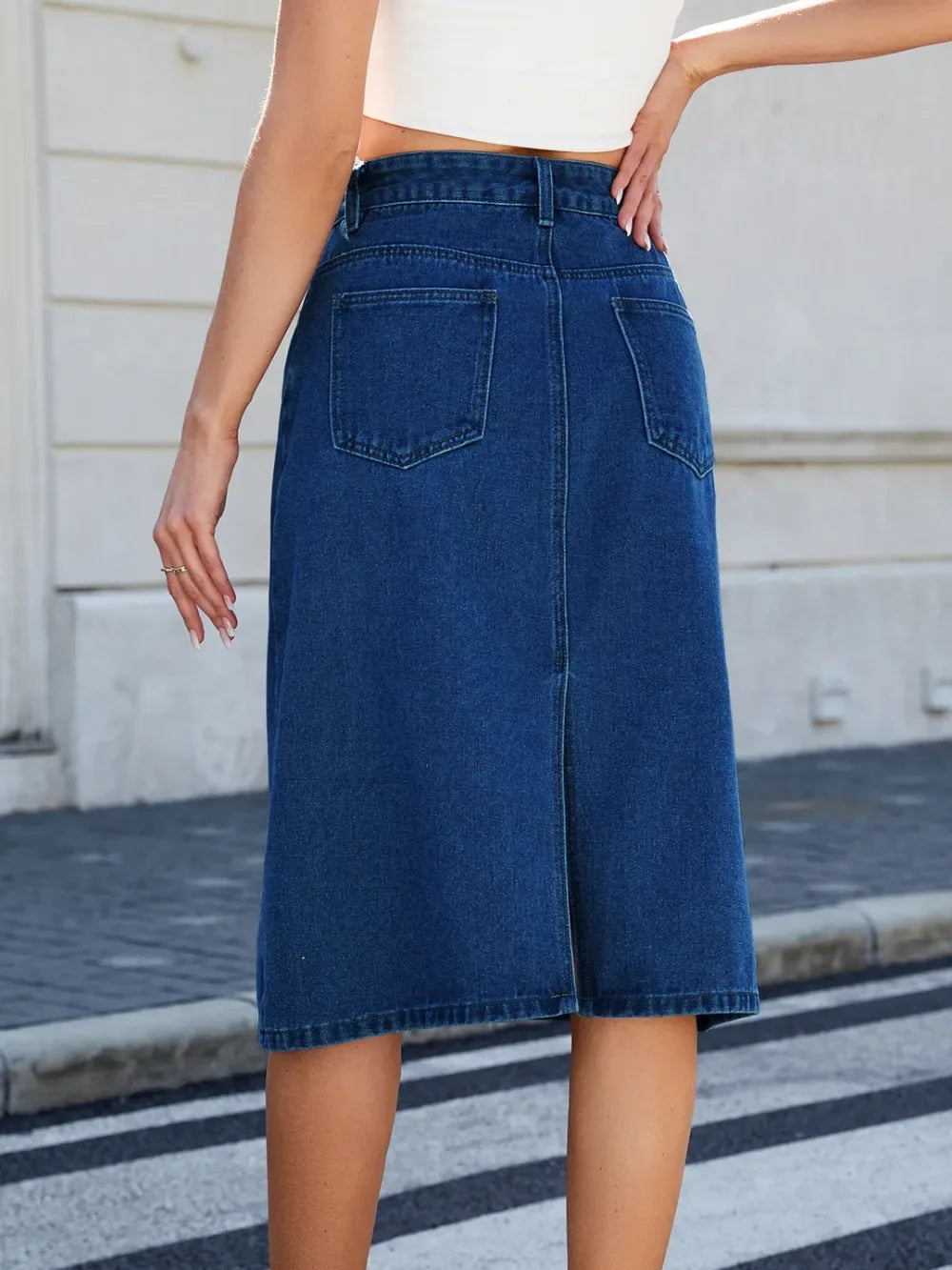 Slit Back Midi Denim Skirt - Makw Official Site