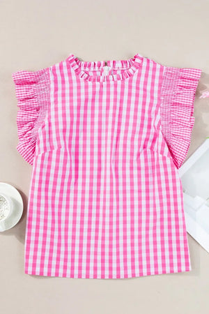 Checkered Ruffled Sleeve Frilled Neck Blouse - Makw Official Site