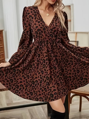Leopard Print V-Neck Long Sleeve Mini Dress - Makw Official Site