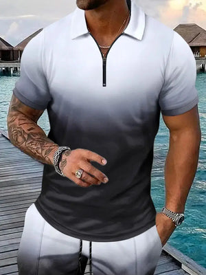 Men's Full Size Gradient Collared Neck Top and Shorts Set Plus Size - Makw Official Site